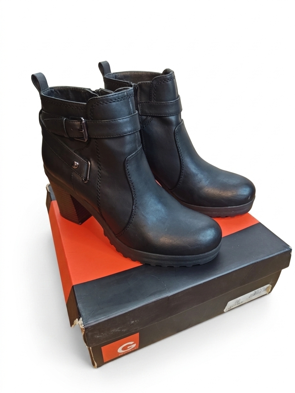 G by GUESS Francy Black Moto Ankle Boots Block Heel Lug Sole Size 8